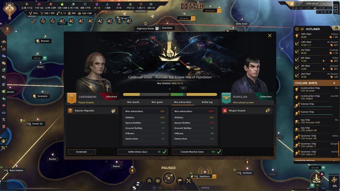 Star Trek: Infinite screenshot of the war interface between Cardassia and Romulus where the Cardassians are on the verge of winning