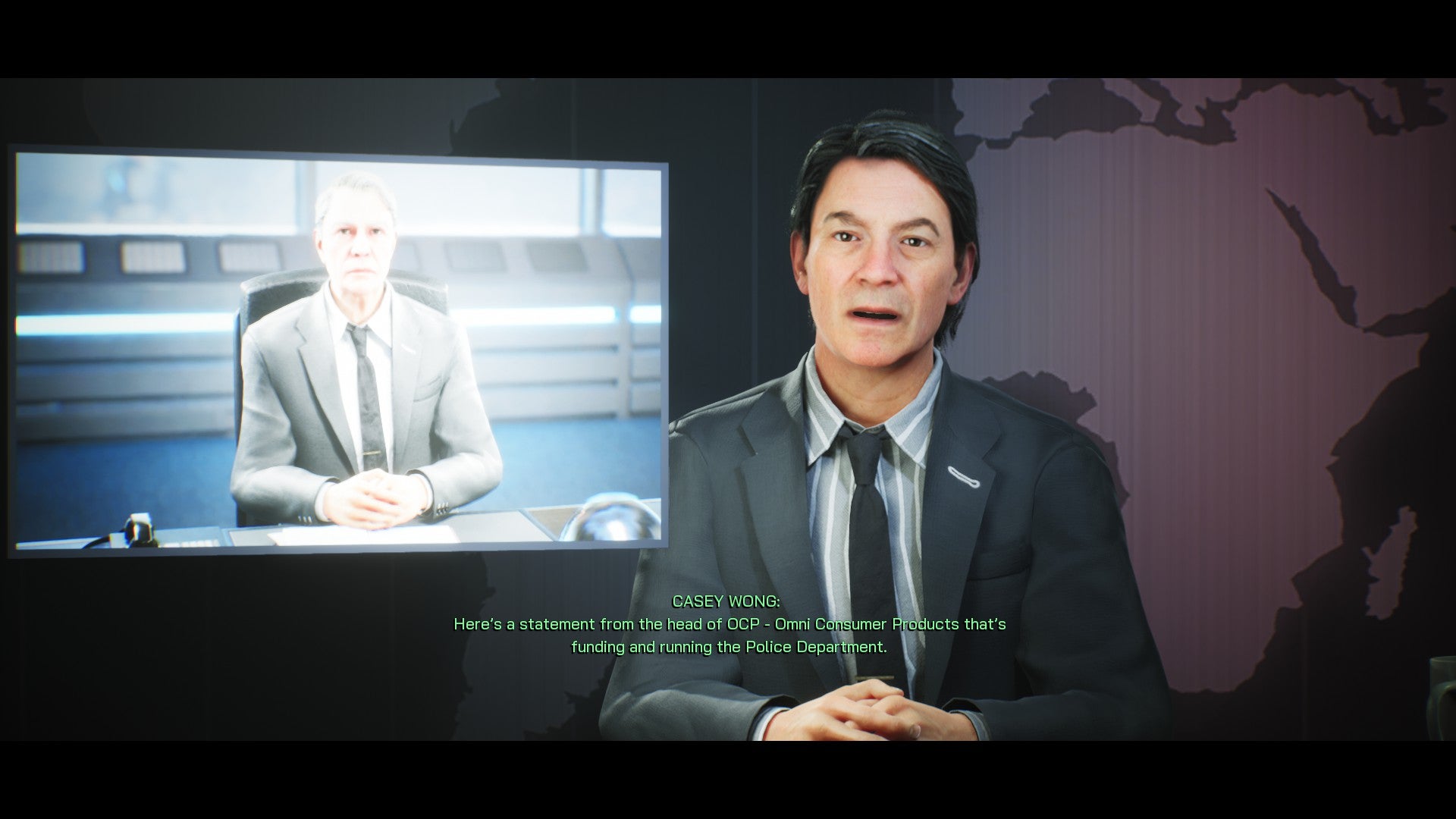 RoboCop: Rogue City screenshot showing newsreader Casey Wong in the opening credits.