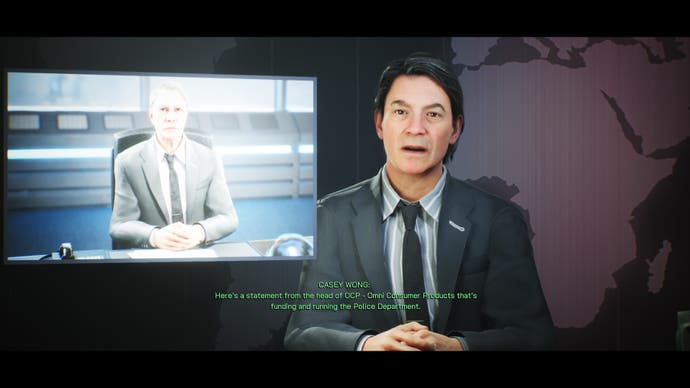 RoboCop: Rogue City screenshot showing newsreader Casey Wong in the opening credits.