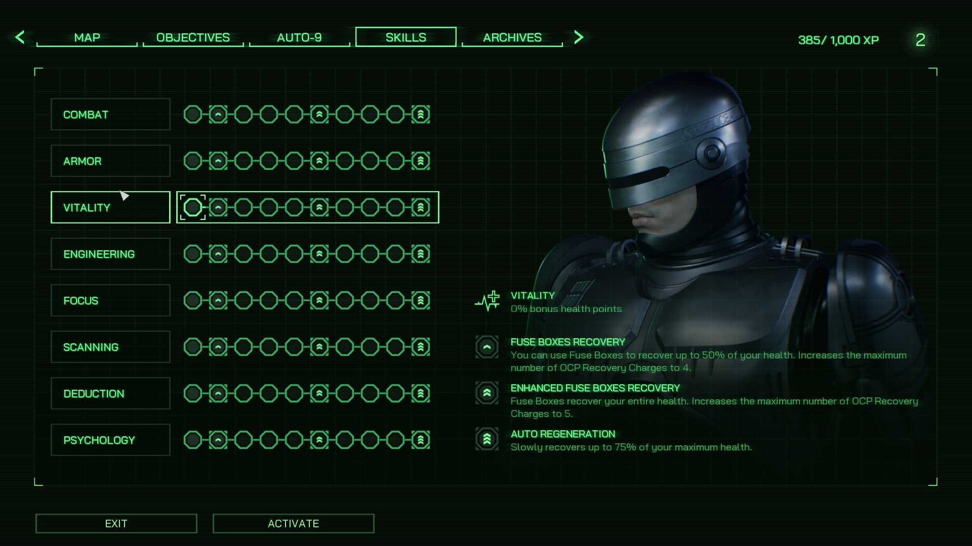 RoboCop: Rogue City screenshot showing the skill tree page