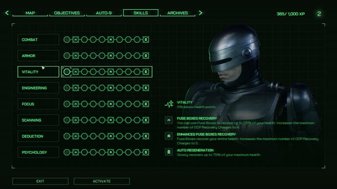 RoboCop: Rogue City screenshot showing the skill tree page