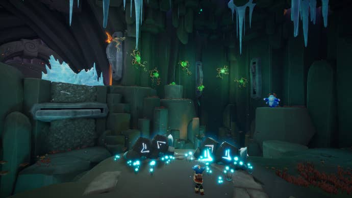 A boy plays a flute while his yeti friend chucks magical balls at exploding plants inside a cave in Song Of Nunu: A League Of Legends Story