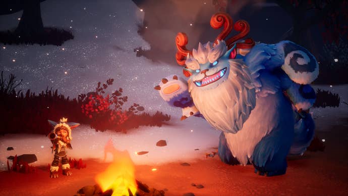 A boy plays his flute while his yeti friends dances round a camp fire in Song Of Nunu: A League Of Legends Story