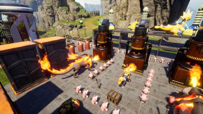 Multiple Pals work a factory in Palworld