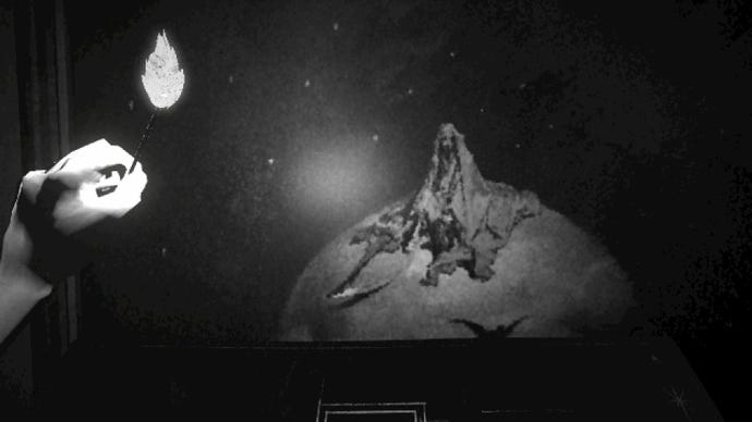 A close-up perspective of a painting lit up with a single match in The Great Below. The painting shows a figure seated on a spherical object, possibly a miniature planet.