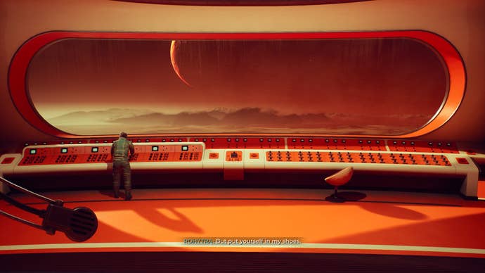 A huge oblong window and control desk in an impossibly sleek and retro designed spaceship. It's The Invincible.