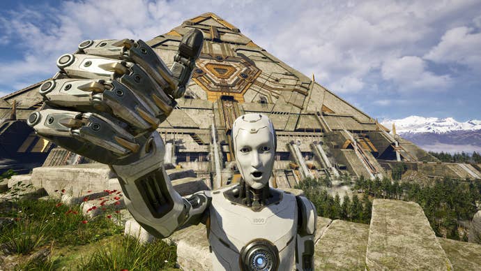 A robot does a big thumbs up in front of a giant pyramid structure in The Talos Principle 2