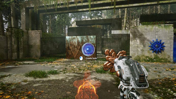 The player aims a quantum tunnel gun at a wall to punch a hole through it in The Talos Principle 2