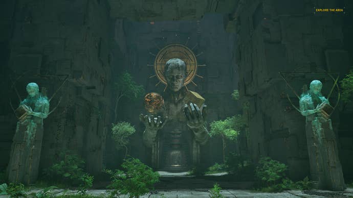 A statue of a man holding a globe and a cube in The Talos Principle 2