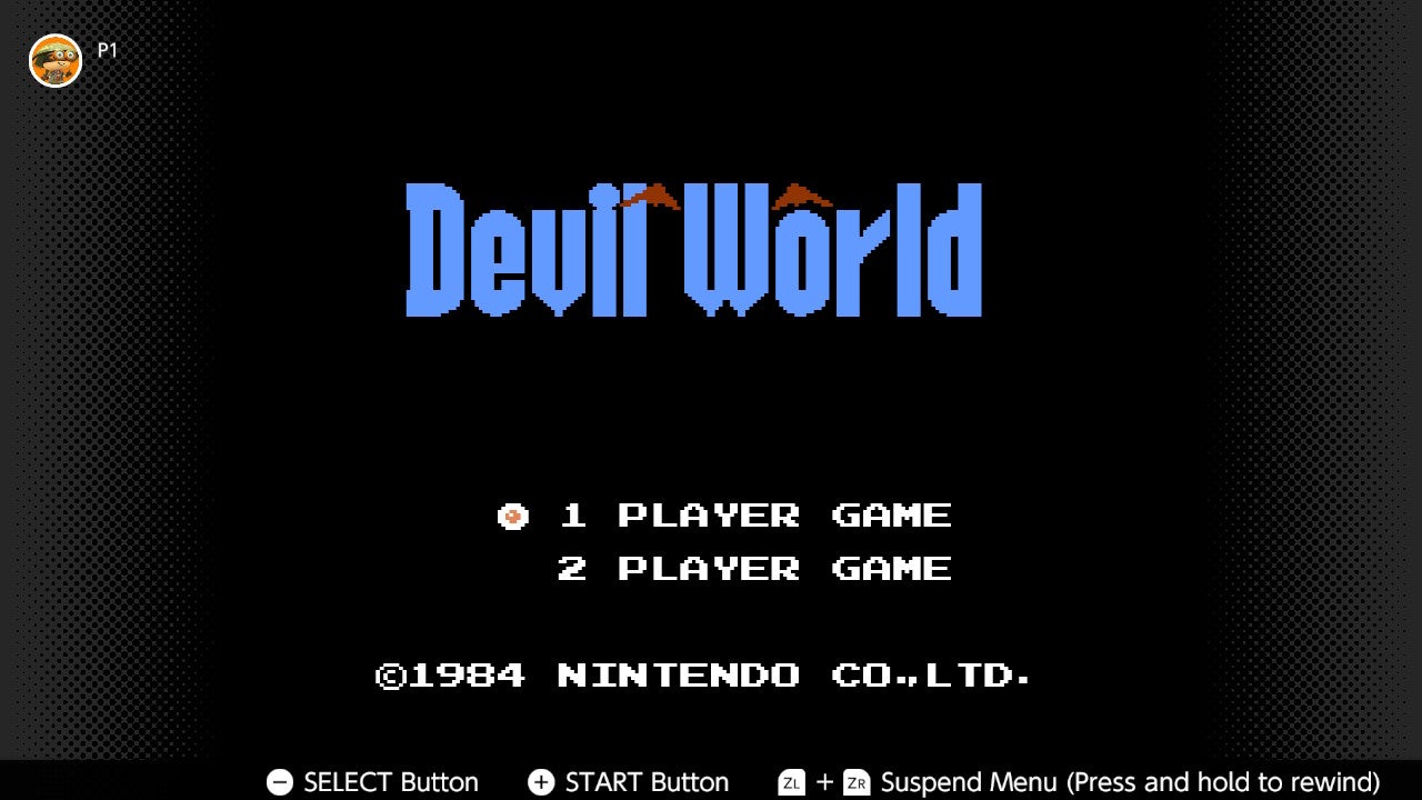 The start screen for Devil World, with the game&rsquo;s name and one- or two-player options.