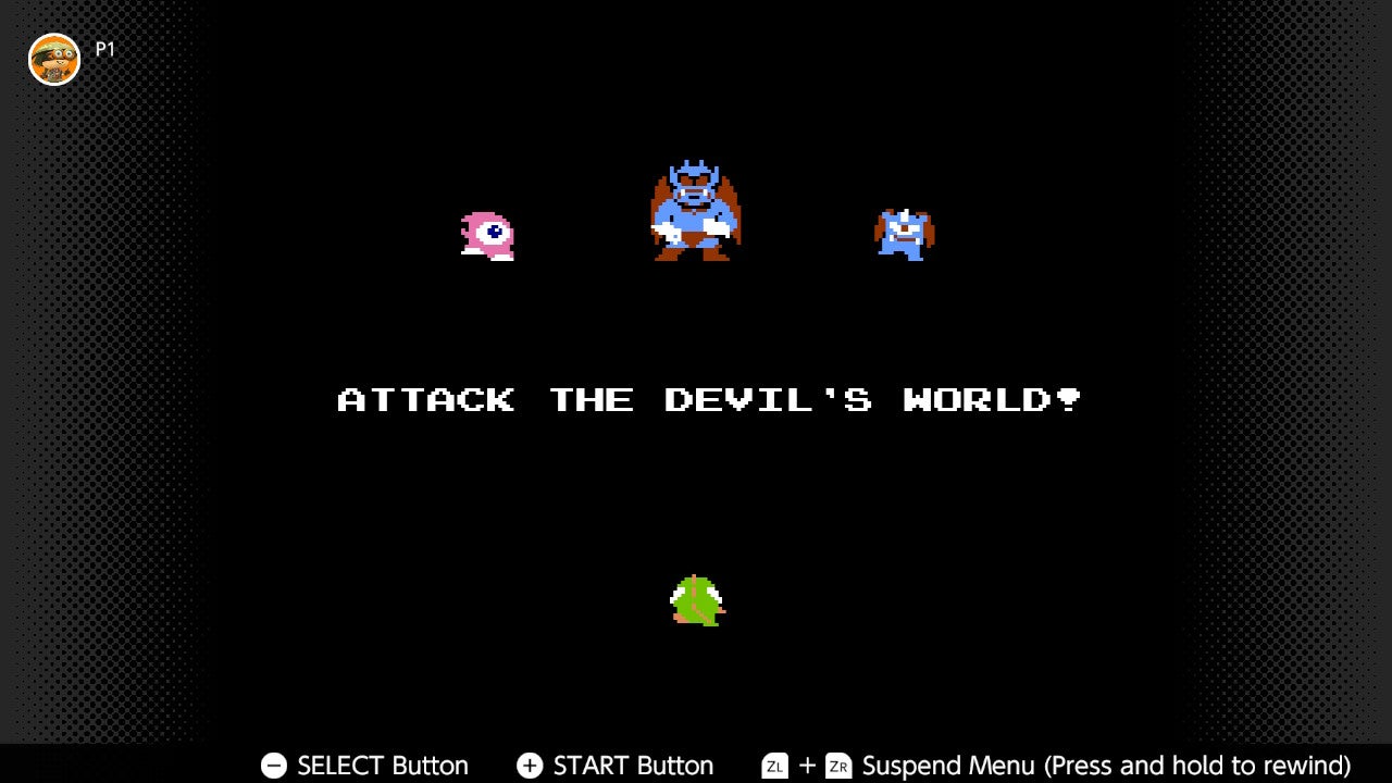 The beginning of a game of Devil World, with three baddies arranged above text that reads &ldquo;Attack the Devil&rsquo;s World!&rdquo; The hero is at the bottom.