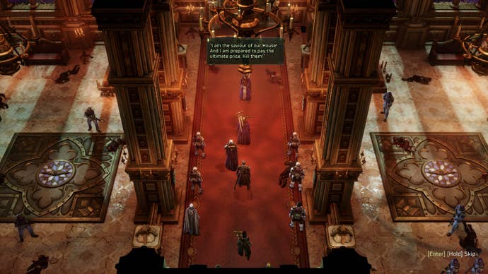 A hallway in Warhammer 40,000: Rogue Trader, with characters facing off during dialogue