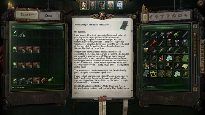 A menu in Warhammer 40,000: Rogue Trader, with a lengthy item description in the centre.