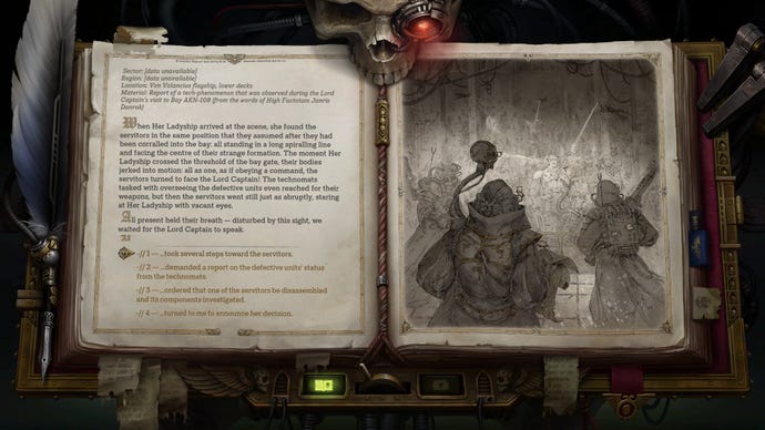 A story interlude in Warhammer 40,000: Rogue Trader, presented as an illustrated book with choices for the player at the bottom