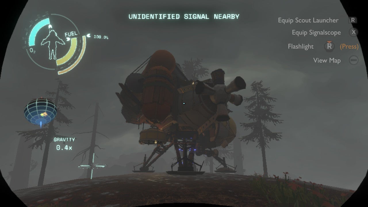 A bug-like spacecraft sits on the surface of a murky planet in Outer Wilds. Trees can be seen in the background, emerging from the mist.