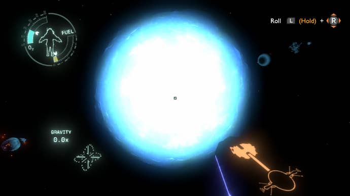 The sun goes supernova in this screen from Outer Wilds. A huge ball of white light is racing outwards through space.