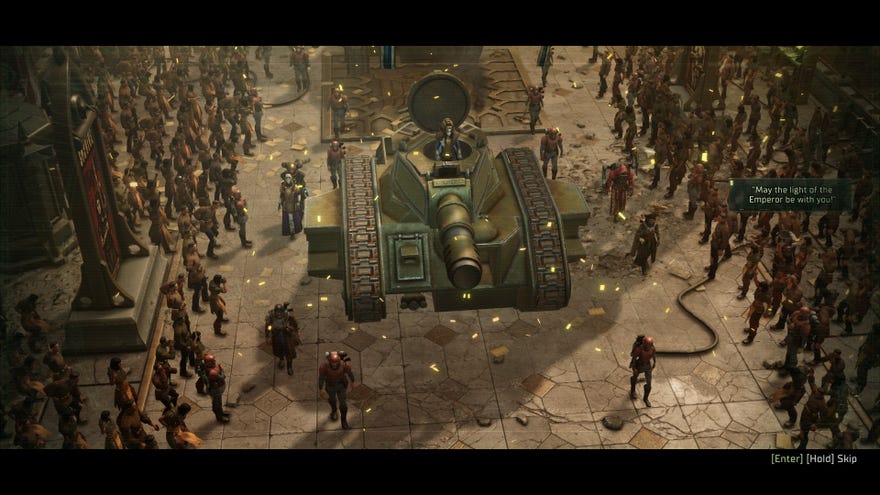 A tank driving through a crowd of cheering onlookers in Warhammer 40,000: Rogue Trader