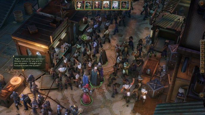 A crowded space station marketplace in Warhammer 40,000: Rogue Trader