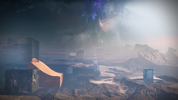 A screenshot from Destiny 2's The Final Shape expansion showing a strange landscape blending rugged terrain and abstract shapes as the Witness' volcano-like monolith looms in the background against an ominous sky.