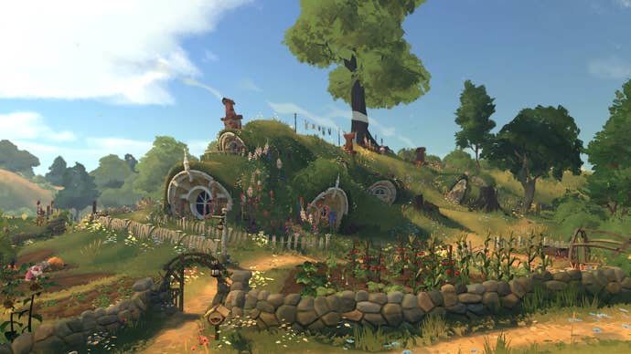 A sunny day in Tales Of the Shire with a path rolling up to a hobbit house with a big green tree on top