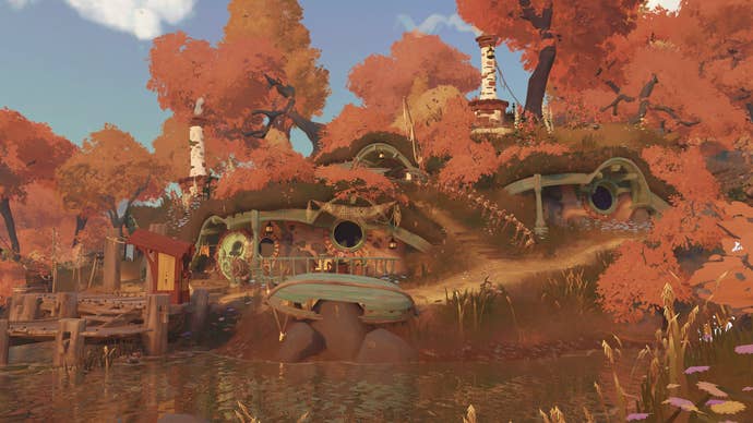 A scene of a hobbit hole with autumnal trees above in Tales Of the Shire