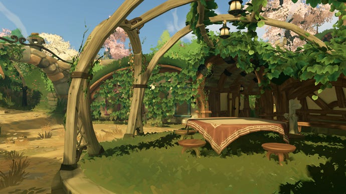 A shot of an outside feasting table under wooden arches in Tales Of the Shire