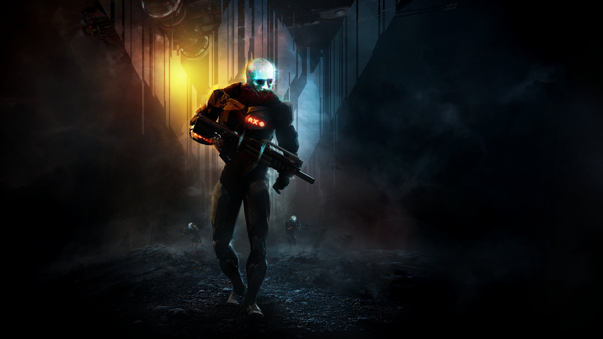 Key art for EVE: Vanguard, featuring a militia man running towards the camera, and two allies in the distance behind him. - 3