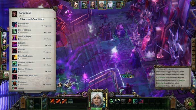 A battle with a huge mechanical Chaos monster in Warhammer 40,000: Rogue Trader, with a window showing a range of status effects