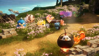 A group of pals at a base in Palworld, with one Chikipi being cooked in a pot