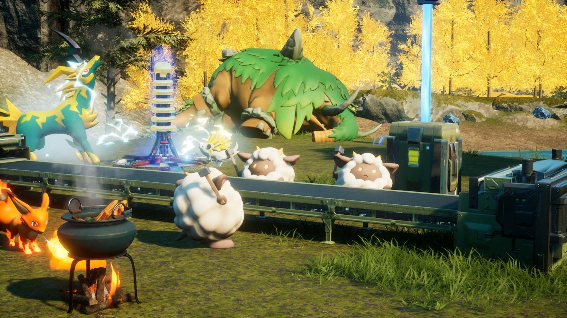 A group of Lamball and other Pals work on a base in Palworld - 1