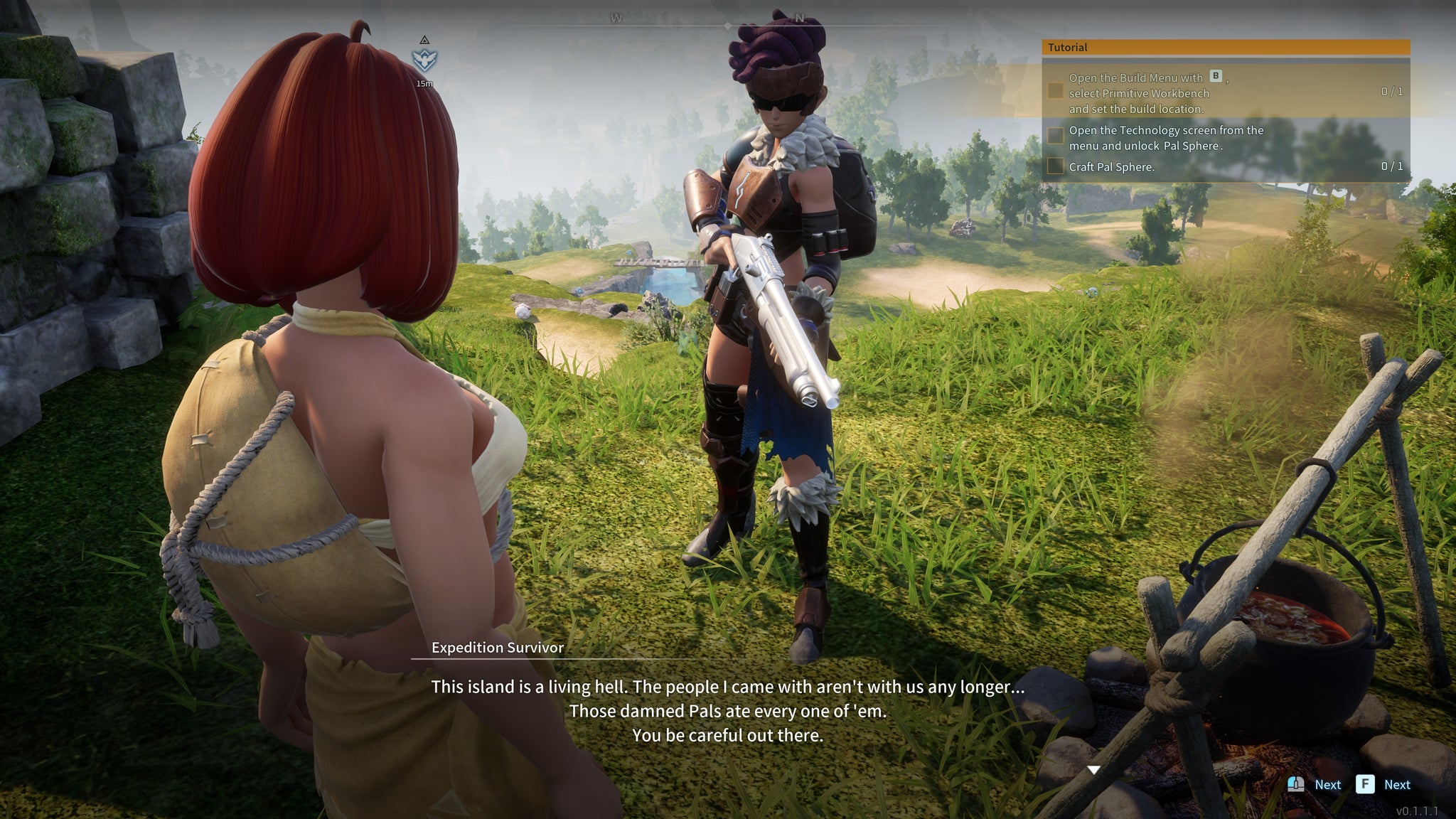 A woman talks to a survivor at a campfire in Palworld - 3