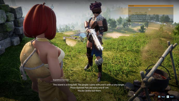 A woman talks to a survivor at a campfire in Palworld