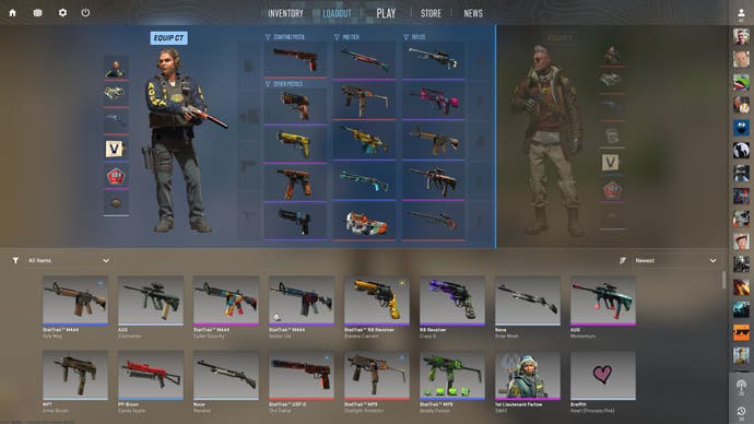 Counter-Strike 2's loadout screen, which allows you to equip weapons in three categories: pistols, mid-tier and rifles.