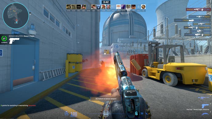 counter-strike 2 screenshot showing the player shooting a desert eagle vaguely towards an enemy on de_nuke
