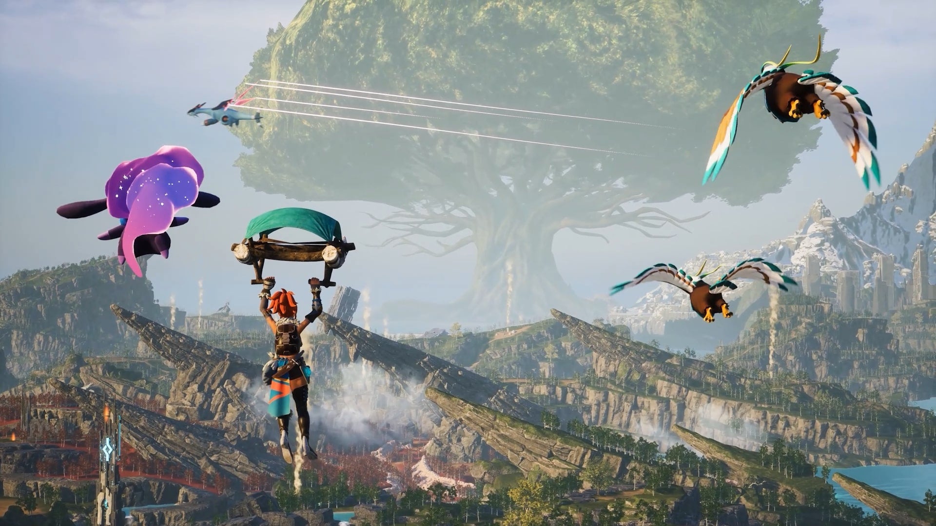 The player glides through Palpagos Islands alongside Galeclaw and Daedream in Palworld - 1