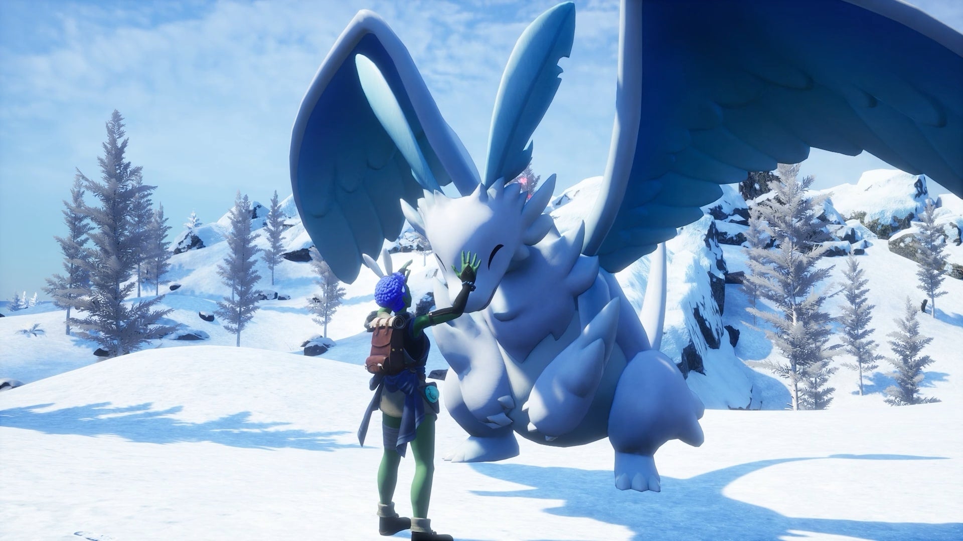 The player pets a large Pal in a snowy biome in Palworld - 1