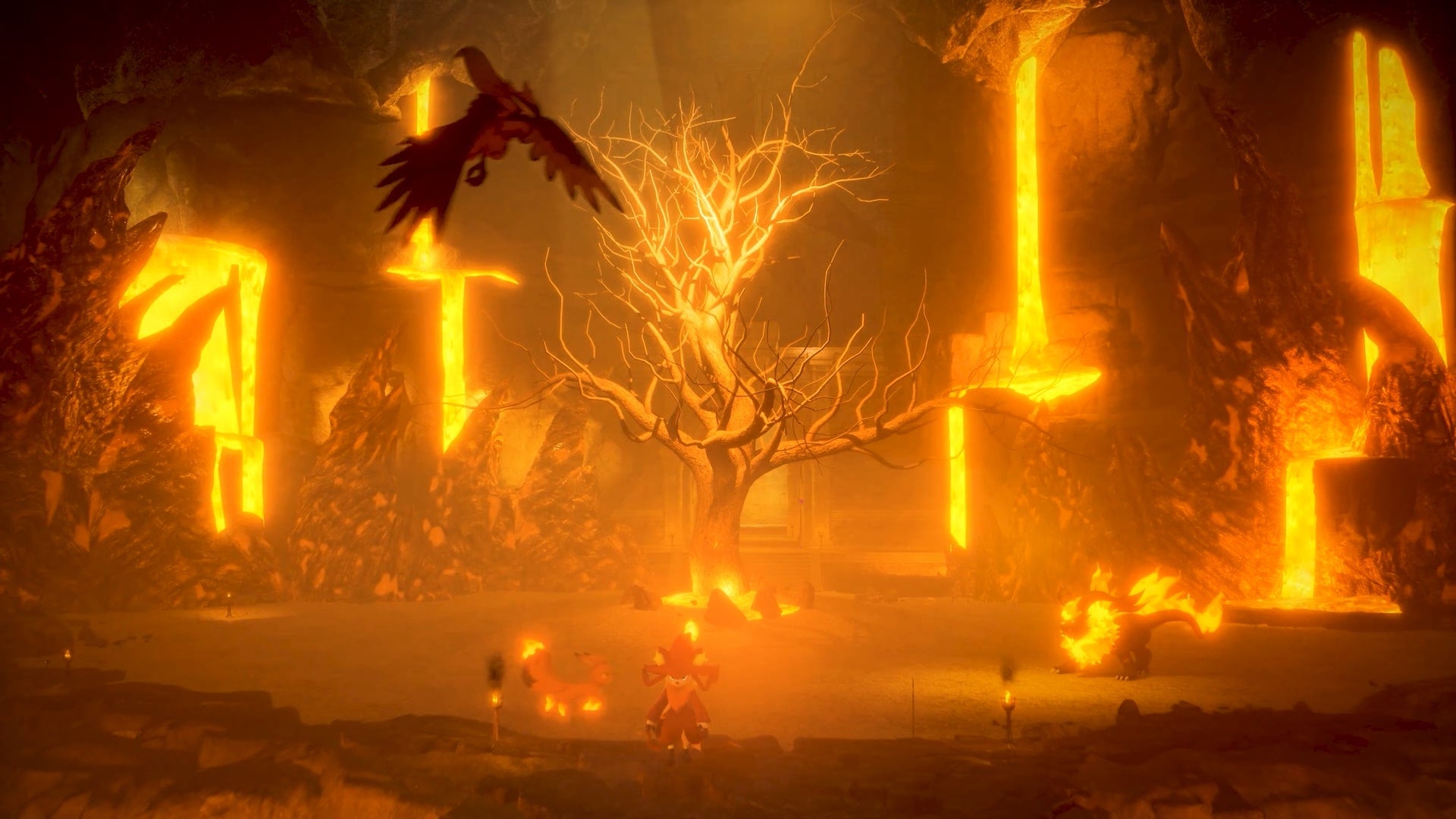 An area is engulfed in fire in Palworld