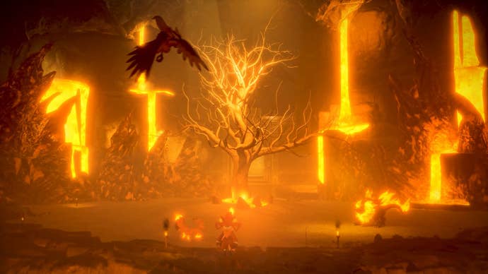 An area is engulfed in fire in Palworld