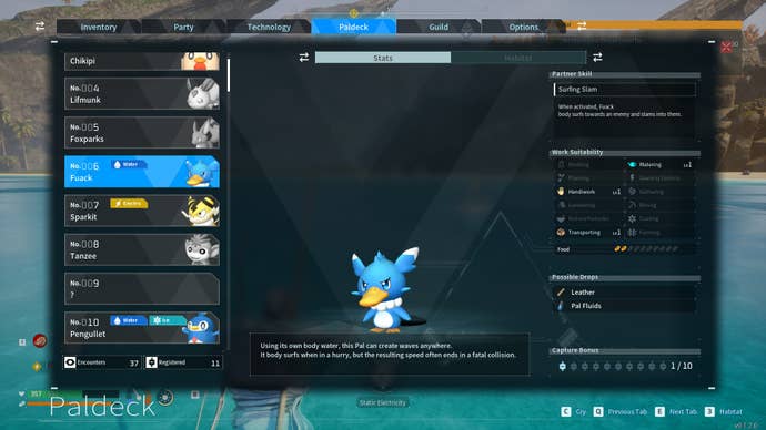 A closeup of the duck water Pal, Fuack, in Palworld.