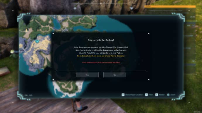 A Palworld menu showing the Dissassemble Palbox option.