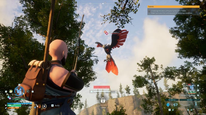 A screenshot showing a player facing off against Vanwyrm, one of Palworld's flying mounts.
