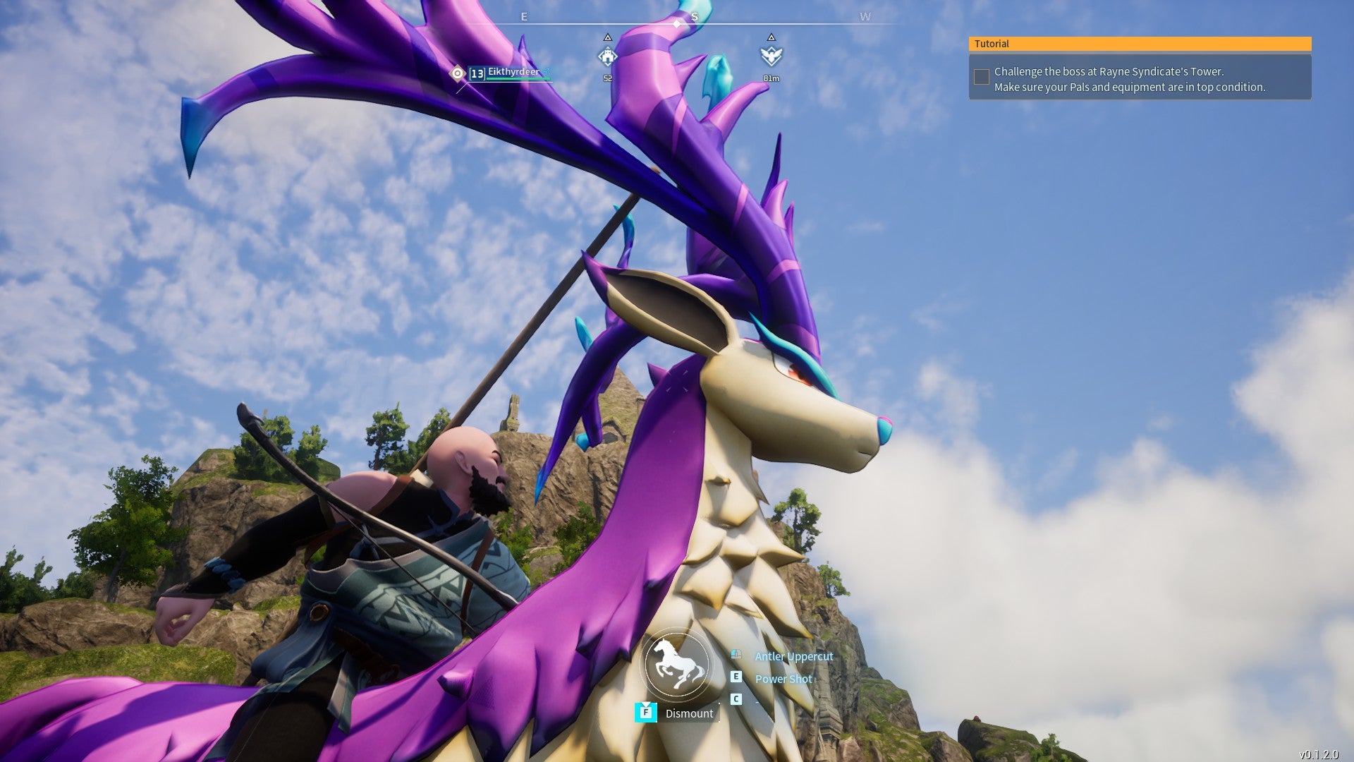 A screenshot showing a player mounted on Eikthyrdeer, one of Palworld's ground mounts. - 5