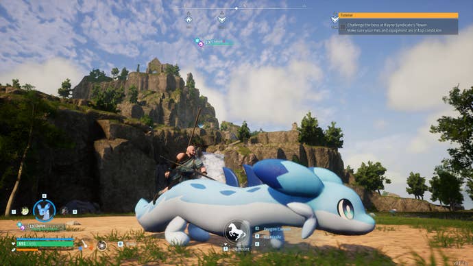 A player riding a Chillet in Palworld.