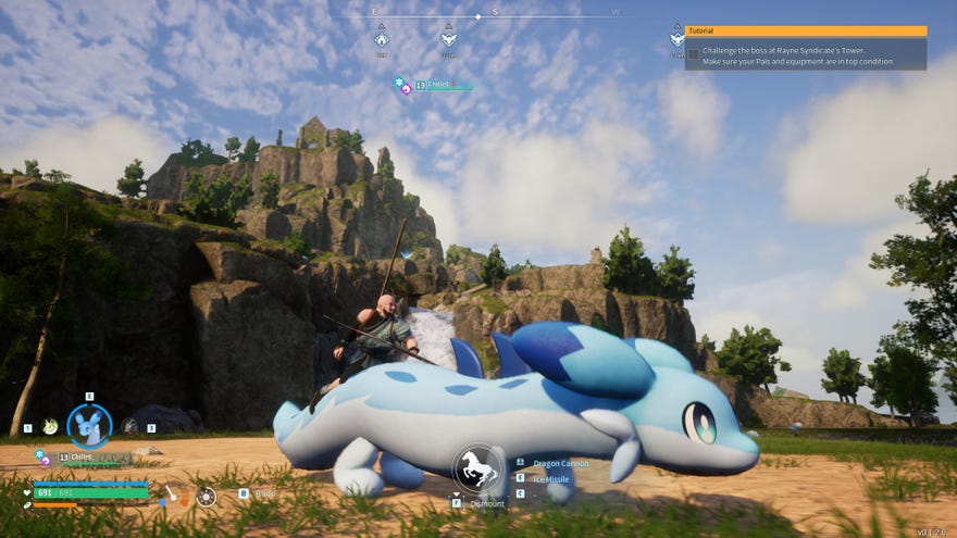 A player riding a Chillet in Palworld.