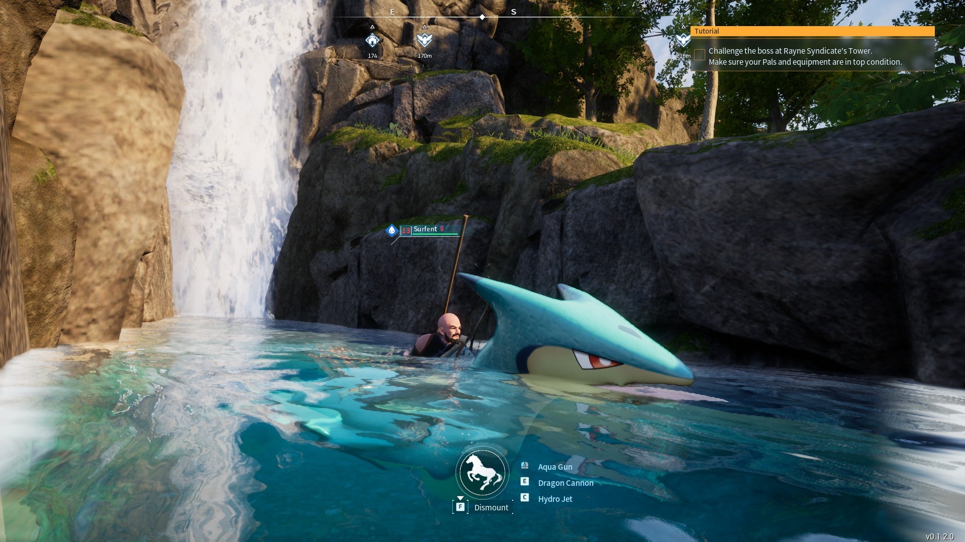 A screenshot showing a player mounted on Surfent, one of Palworld's swimming mounts. - 6