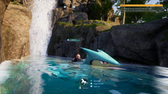 A screenshot showing a player mounted on Surfent, one of Palworld's swimming mounts.