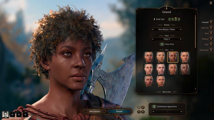 Close up of human character in Baldur’s Gate 3 character creator with gender options