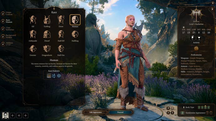 Baldur’s Gate 3 character creator showing female warrior character and race options