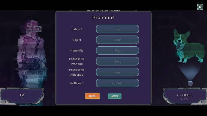 A Long Journey To An Uncertain End character creator choosing custom pronouns next to corgi character