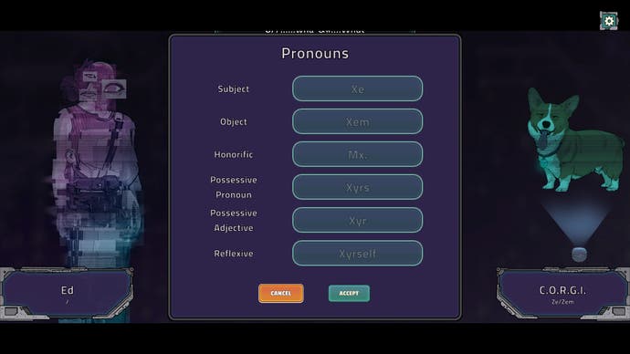 A Long Journey To An Uncertain End character creator choosing custom pronouns next to corgi character